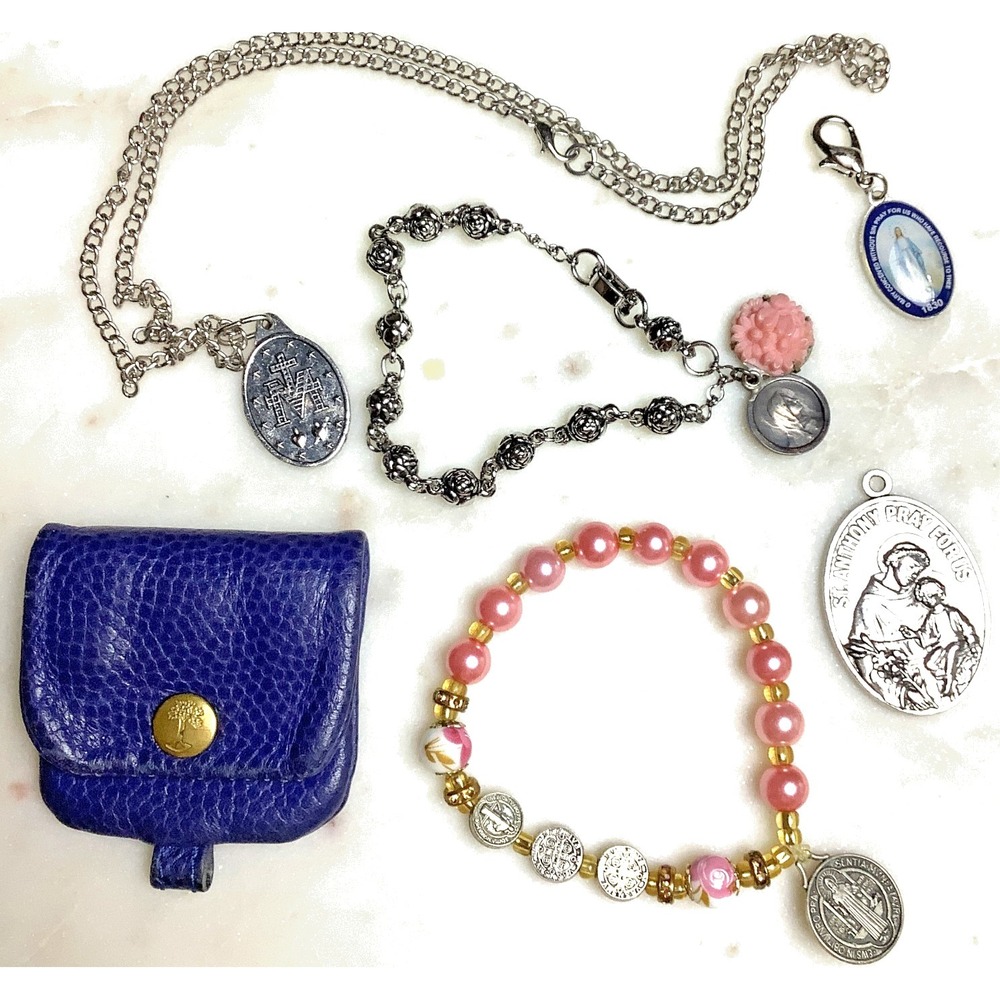Bracelets Rosary Pouch Catholic Medal Jewelry Lot – St Jude Benedict St. Anthony